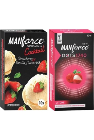 manforce-cocktail-condoms-with-dotted-rings-strawberry-vanilla-flavoured-10-pieces-extra-dotted-litchi-flavoured-condoms-10-pieces-condom-set-of-2-20-sheets