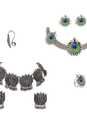 abhaah-oxidised-german-silver-tribal-peacock-bohemian-statement-choker-necklace-ring-combo-with-nose-stud-for-women-and-girls