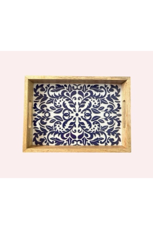 Wooden Tray Rectangular Resin Coated Blue Pottery