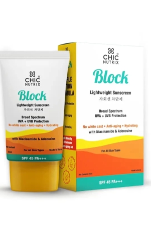 chicnutrix-block-lightweight-sunscreen-with-spf-45-pa-with-uvauvb-protection-niacinamide-adenosine-no-white-cast-non-greasy-non-sticky-35ml