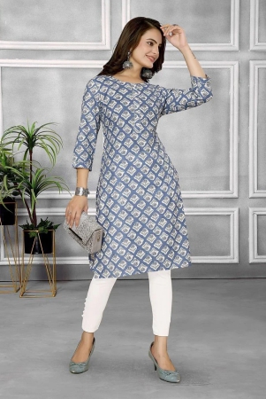 Rangita Women Cotton Blue Printed Knee Length Straight Kurti - None