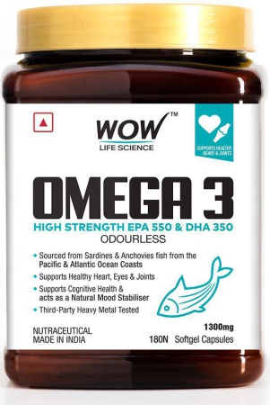 WOW Life Science Omega-3 Capsules With Fish Oil - Fatty Acid Enriched 180 Capsules