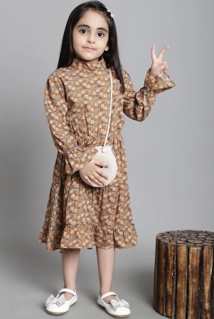 MINI & MING Girls Floral Print Mock Neck Bell Sleeves Crepe Shirt Midi Dress