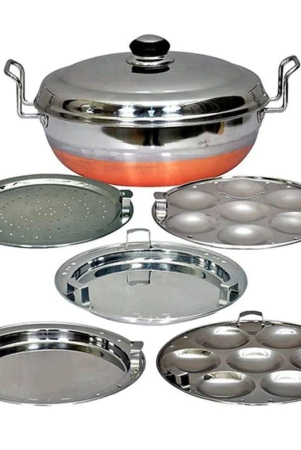 Softel Stainless Steel Copper Bottom Multi Kadai with 5 Plates | Induction Compatible | Idli, Dhokla, Patra & Momos Maker