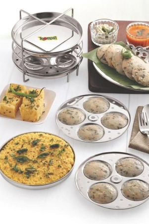 Komal Stainless Steel Multi Set 2 in 1 Multi Purpose 8 Plates Stand |  4 Idli Plates and 4 Steamer (Dhokla/Momos/Patra) plates | Silver