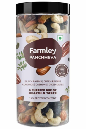 farmley-premium-mixed-dry-fruits-panchmeva-450-gram-i-tasty-mixed-nuts-healthy-snacks-contains-almondcashewdatesgreen-and-black-raisins-i-reusable-jar