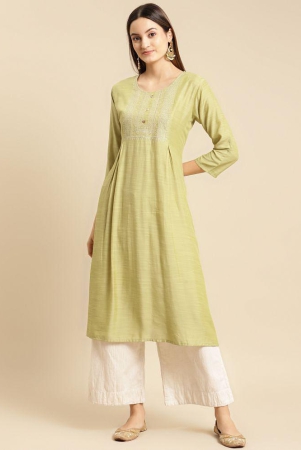 Rangita Women Mint Green Yoke Zari Embroidered Calf Length A-line Kurti - L, Mint Green