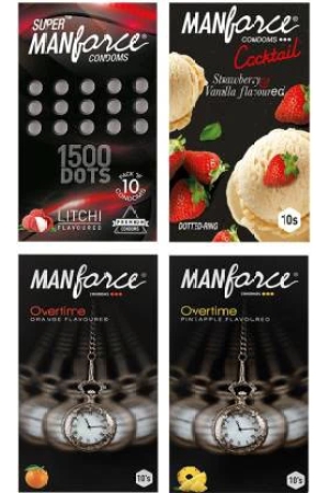 manforce-fruit-basket-combo-pack-3in1-overtime-orange-3in1-overtime-pineapple-extra-dotted-litchi-cocktail-strawberry-vanilla-with-dotted-rings-40-pieces-pack-of-4-condom-set-of-4