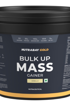 nutrabay-gold-bulk-up-mass-gainer-powder-5kg-vanilla-30g-protein-104g-carbs-554-calories-easy-to-digest-100-veg-muscle-building-weight-gainer-supplement-for-men-women