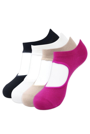 Balenzia Women's Anti Bacterial Yoga Socks with Anti Skid- (Pack of 4 Pairs/1U)- (Black,White,Beige,Pink)-Stretchable from 19 cm to 30 cm / 4 N