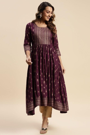 Rangita Women Rayon Wine Gold Printed Calf Length Kurti Anarkali - 4XL, Wine