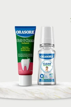 Orasore Salt & Neem Duo | Gum Strengthening Toothpaste 100g & Clear Mouthwash 100ml | Fights Pyorrhea, Whitens Teeth & Stops Dental Pain | Zero Color & Zero Alcohol Mouthwash | Free Bamboo Toothbrush