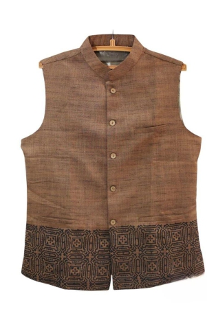 Garvi Gurjari (A Gujarat Govt Enterprise Light Brown Hand Block Printed Men's Jacket/Koti (GGCKMK05)