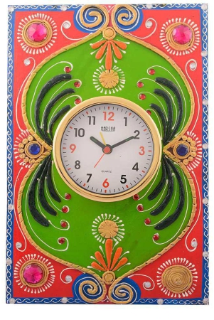 ecraftindia-pink-green-wooden-papier-mache-embossed-wall-clock