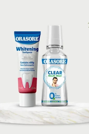 Orasore Whitening Duo | nHAp Toothpaste 100g & Clear Mouthwash 250ml | Peroxide-Free | Refreshing, Reduces Sensitivity & Whitens Teeth | No Color & No Alcohol | Free Bamboo Toothbrush