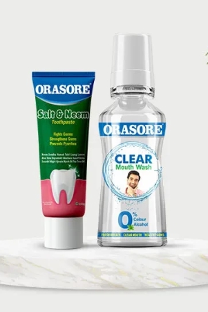 Orasore Salt & Neem Duo | Gum Strengthening Toothpaste 100g & Clear Mouthwash 250ml | Fights Pyorrhea, Whitens Teeth & Stops Dental Pain | Zero Color & Zero Alcohol Mouthwash | Free Bamboo Toothbrush