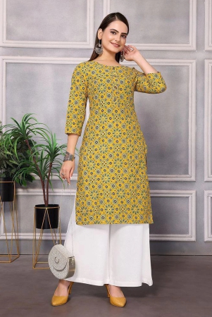 Rangita Women Cotton Mustard Printed Knee Length Straight Kurti - None