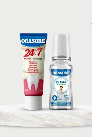 Orasore 24x7 Miswak Duo | Natural Toothpaste 100g & Clear Mouthwash 100ml |  Fights 7 Dental Problems & Prevents Bad Breath | Zero Color & Zero Alcohol Mouthwash | Free Bamboo Toothbrush