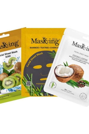 MasKing Beauty Facial Sheet Mask, |Natural Bamboo Fiber Sheet Mask, |Charcoal Sheet Mask, |Kiwi, Coconut, Bamboo & Teatree|For Skin Lightening & glowing | Combo Pack of 3