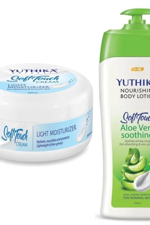 yuthika-soft-touch-light-moisturizer-cream-200ml-and-aloe-vera-body-lotion-500ml-combo-pack