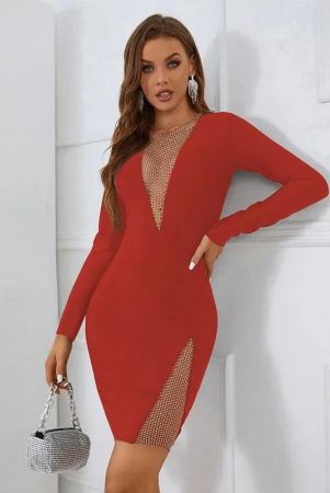 New Style Long Sleeve Mesh Diamonds Evening Dresses Women Runway Clothes Bandage Bodycon dresses-S / Red