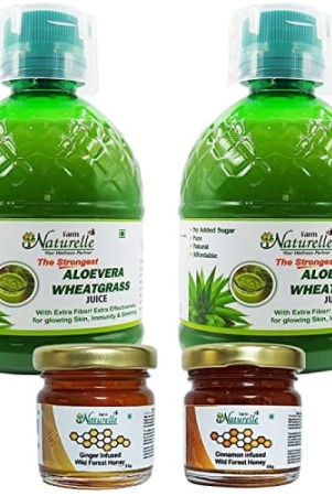 Farm Naturelle-100% Pure Herbal Concentrated (Extra Fiber in Gel Form) Aloevera Wheatgrass Gel/Juice 400Ml (Pack Of 2) And Honey 55g x 2