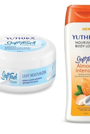 yuthika-soft-touch-light-moisturizer-cream-300ml-and-almond-body-lotion-300ml-combo-pack