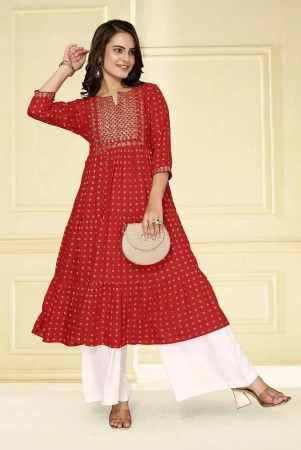 rangita-women-red-rayon-embroidered-calf-length-tiered-flared-kurta-none