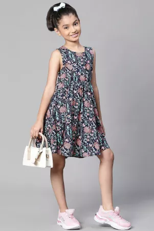 Oxolloxo Girls Floral Print Sleeveless Round Neck Dress