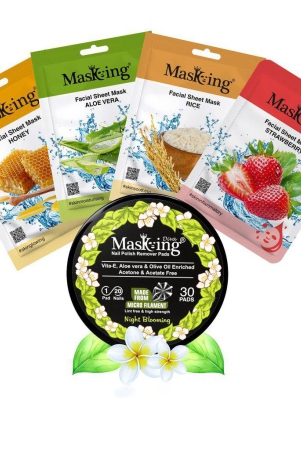MasKing Beauty Facial Sheet Mask Honey, Aloe Vera, Rice & Strawberry Ideal for Women & Men (Combo Pack of 4) | Diva Night Blooming Nail Polish Remover
