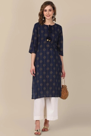 Rangita Women 100% Cotton Navy All Over Gold Printed Calf Length Straight Kurti - None