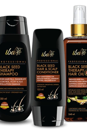 Iba Black Seed Therapy Shampoo, Conditioner, Hair oil Combo (230 ml + 125 ml + 240 ml) l Kalonji For Hair Fall, Dandruff, Itchy Scalp | No Sulfate No Paraben