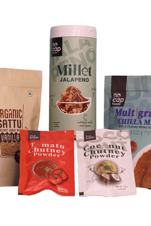 combo-of-5-multigrain-chilla-premix-200-gm-1-millet-jalapeno-chips-box-150-gm-1-sattu-coffee-hazelnut-shake-220-gm-1-tomato-chutney-instant-mix-50-gm-1-coconut-chutney-instant-mix-50-gm