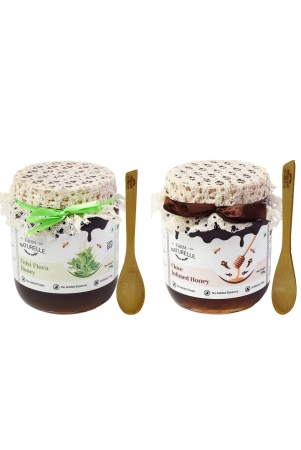 farm-naturelle-raw-natural-ayurvedic-unprocessed-tulsi-forest-flower-honey-with-huge-medicinal-value-and-clove-infused-forest-jungle-honey-700gm75gm-extrawooden-spoons-x-2-sets