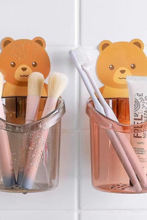 GOGA FASHION Toothbrush Holder (Set of 1 Pcs) Plastic Stand for Toothpaste, Comb, Brush, Cream, Lotion Kids Bathroom Cup Drain Waterproof Self-Adhesive, Teddy Bear