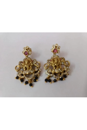 Stunning antique gold plated Goddess Lakshmi earrings with intricate detailing and black beads.