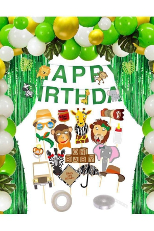 party-propz-121pcs-jungle-safari-theme-party-decorations-set-happy-birthday-banner-jungle-theme-photobooth-multicolour-latex-balloons-green-foil-curtain-glue-dot-and-arc-for-kids-birthda