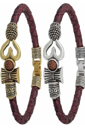 om-trishul-damroo-designer-oxidized-gold-silver-leather-kada-bracelet-set-none