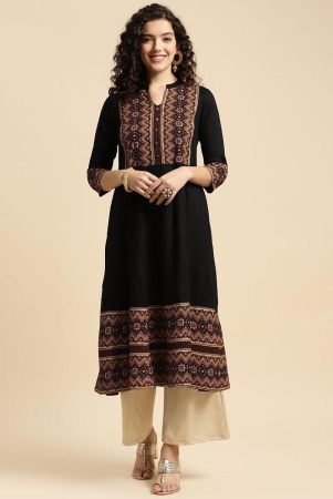 Rangita Women Rayon Black Ethnic Printed Calf Length Flared Kurti - None