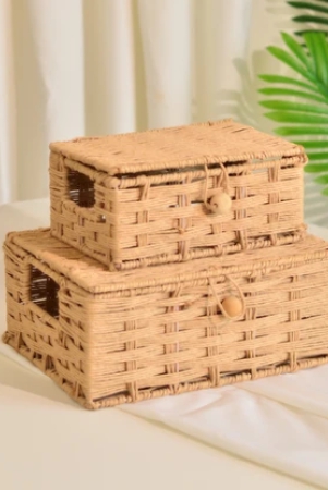 Raffia Storage Boxes with Lid- Set of 2