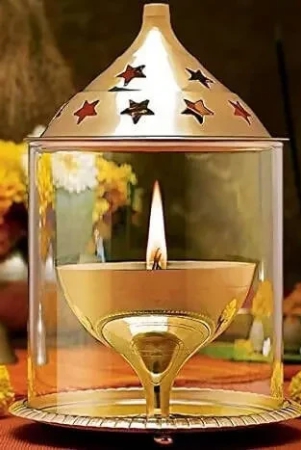 KUVI Brass Lamp Akhand Puja Diya, Akhand Diya Decorative Brass and Glass Oil Lamp Tea Light Holder Lantern Diya