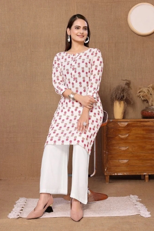 Rangita Women Cotton White Printed Knee Length Straight Kurti - None