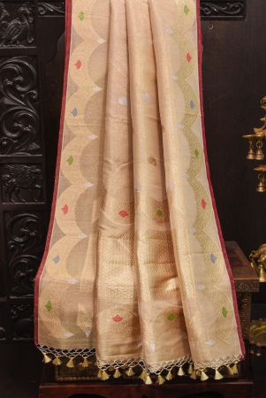 tan-exquisite-kora-organza-banarasi-saree-with-alfi-floral-motifs-and-meenakari-scalloped-border-and-pallu-silk-mark-certified