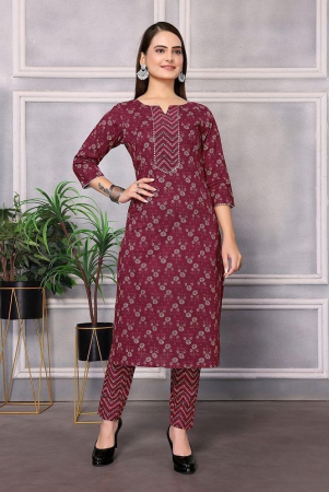 rangita-women-cotton-maroon-floral-printed-calf-length-straight-kurti-with-pants-none