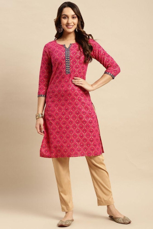rangita-women-100-cotton-pink-contrast-placket-gold-printed-knee-length-straight-kurti-none