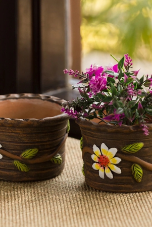 Mud Blossom Pair Handmade & Handpainted Terracotta Planter Pots (4 Inch, Set of 2)