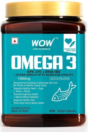 WOW Life Science Omega-3 1500mg Capsules with Fish oil - EPA 270 + DHA 180 Enriched - 180 Capsule