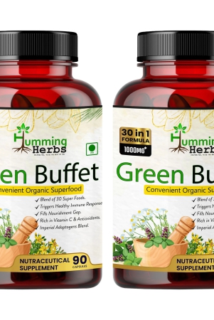 humming-herbs-green-buffet-capsules-500mg-90-capsules-blends-of-30-super-like-quercetine-cordyceps-spirulina-alfalfa-ashwgandha-seabuck-thorn-acai-berry-goji-berry-and-milk-thistle-pack-of-2