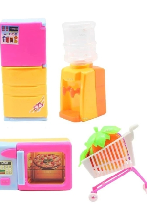 thriftkart-princess-kitchen-set-4-pieces-mechanical-playset-with-fridge-microwave-water-dispenser-shopping-trolley-for-kids-girls-indoor-games-not-battery-operated-color-pink-yellow