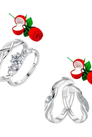 silver-shine-adjustable-party-wear-2-pair-of-couple-rings-set-with-2-piece-red-rose-gift-box-for-lovers-none